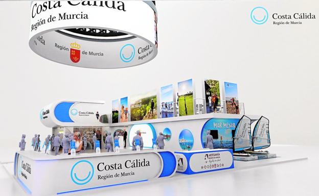 Maqueta virtual sobre el pabellón de la Región de Murcia en Fitur, con los simuladores de deportes náuticos a la derecha./CARM