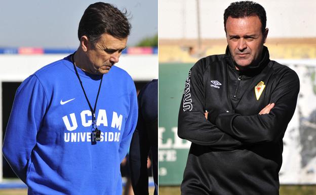José Miguel Campos, entrenador del UCAM, y José María Salmerón, entrenador del Real Murcia./V. Vicéns / AGM