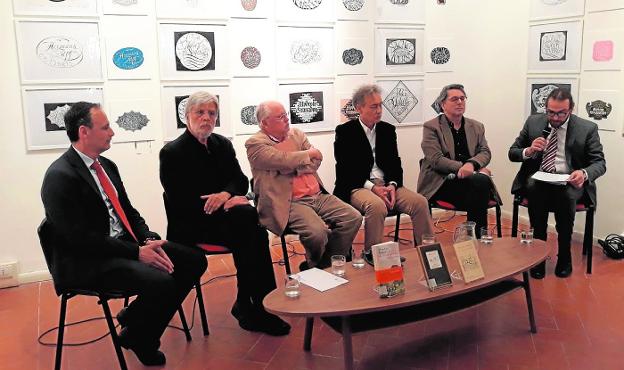 Javier Celdrán, Eloy Sánchez Rosillo, Pedro García Montalvo, Pedro Cano, Andrés Trapiello y Juan Carlos Reche, director del Instituto Cervantes en Roma./CARM