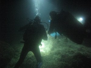 Dos buceadores proyectan sus linternas hacia el fondo arenoso. / A. R./
