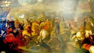 Cuadro de la batalla de los Alporchones, pintado por Muñoz de Córdoba en el siglo XVIII, que está en la Sala de Cabildos . ::
P. ALONSO. AGM/