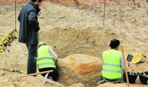 Hallazgo. Recuperación de una de las grandes tortugas fósiles que ha proporcionado el yacimiento del Puerto de la Cadena, en terrenos de la mercantil Profusa. :: CONSEJERÍA DE CULTURA/