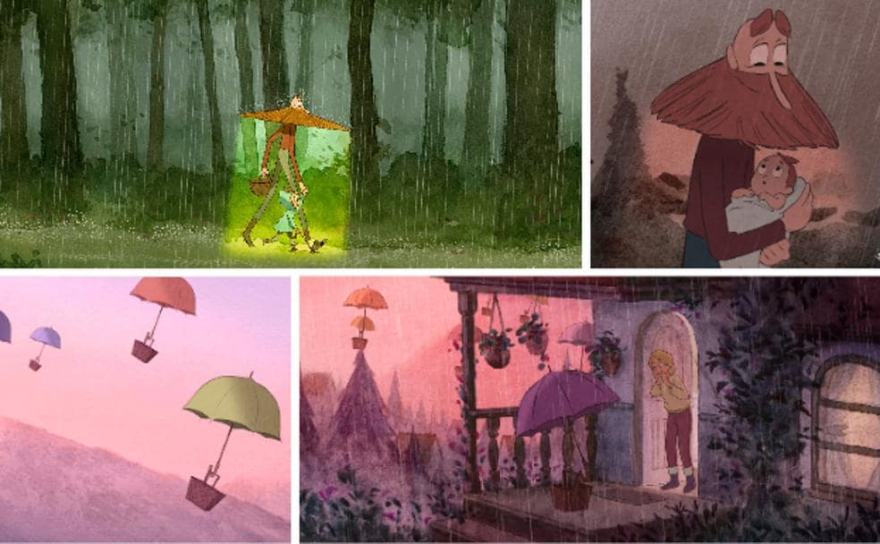Stills from the short film 'Umbrellas' where the protagonists appear, Kyna and her father Din, and the umbrellas that take the babies to their homes in the universe where it is set.
