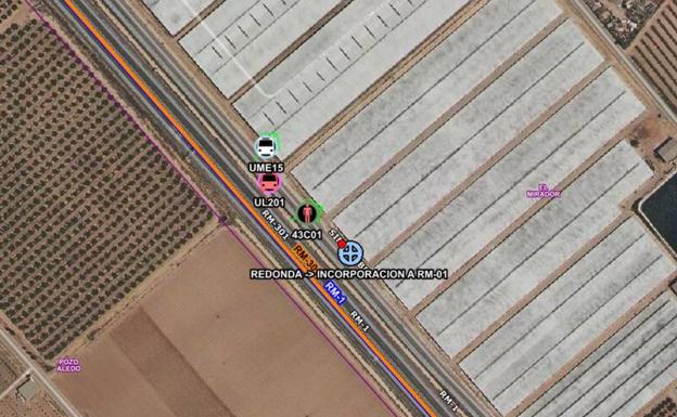 The location of the accident that occurred this Sunday on the RM-01, in San Javier.