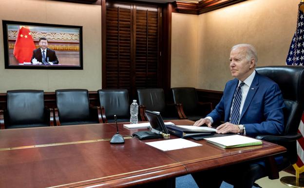 United States President Joe Biden holds a conversation with his Chinese counterpart, Xi Jinping, from the Situation Room of the White House. 