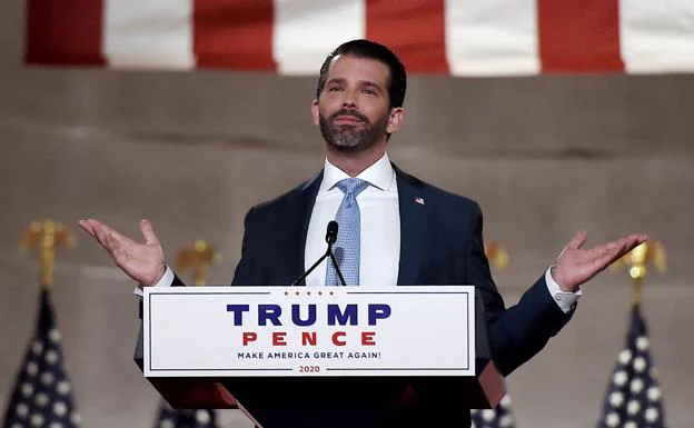Donald Trump Jr. speaks during the first day of the Republican convention in Washington in 2020.