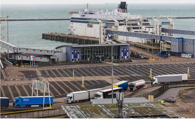 Transhipment of refrigerated trucks in the English port of Dover. 