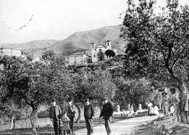 Among olive trees.  The sanctuary of the mount, with its old towers, in one of the first photographs that are preserved of the environment with the historic olive trees.