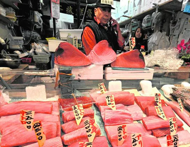 A stall in the Tsukiji wholesale market displays tuna, one of the most purchased Murcian products. 