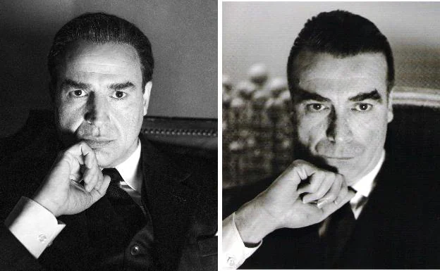 Alberto San Juan in 'Balenciaga' next to a real photo of the designer from Getaria.
