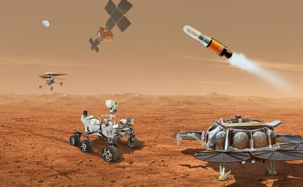 Illustration with the robots involved in the Mars Sample Return mission. 