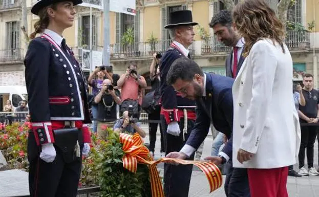 Pere Aragonès, during the floral offering of the Diada.